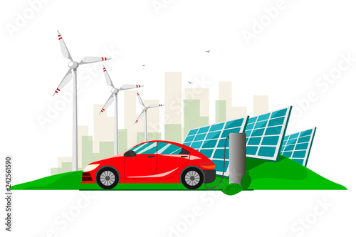 A red electric car charging at the charger station against the background with wind turbines and solar panels . Electromobility e-motion concept.Flat vector illustration.