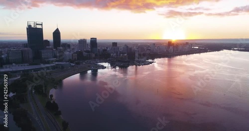 Aerial views in Perth, Western Australia. City views. Morning Sunrise color. Pan by photo