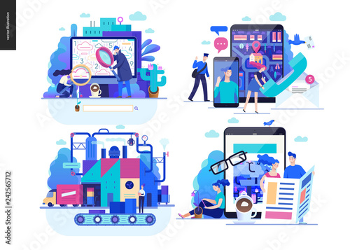 Business series set, color 2 -modern flat vector concept illustrated topics - search page, contacts, production, news. Creative landing web page design template