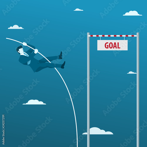 Businessman Doing Pole Vaulting to the High Target Goal. Business Concept Vector.