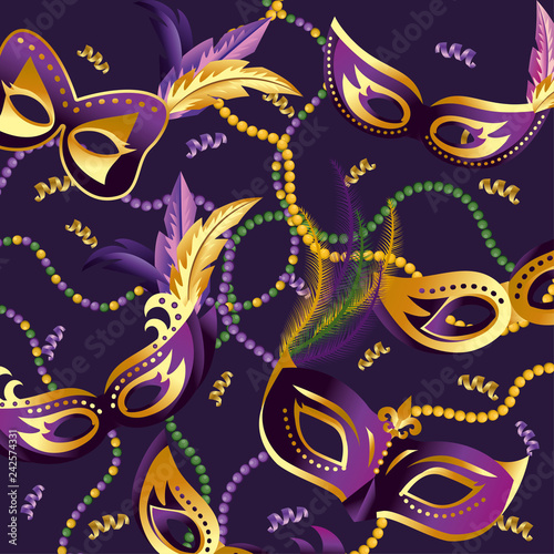 masks with feathers and necklace to merdi gras photo