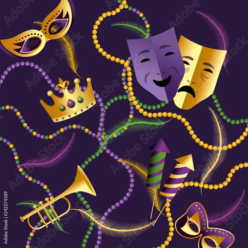 crown with masks and trompet to merdi gras photo