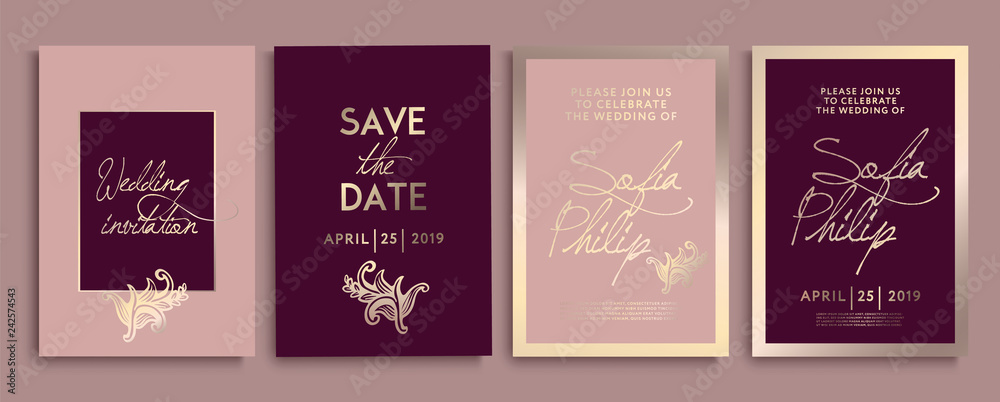 Wedding invitation with flowers and leaves on gold, dark texture. luxury wedding card on gold backgrounds, artistic covers design, colorful texture. Luxury Vector illustration
