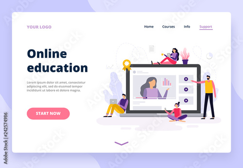 Online education. Women and men working with laptop and watching a video presentation. Banner or background for a site with distance course theme. Vector illustration