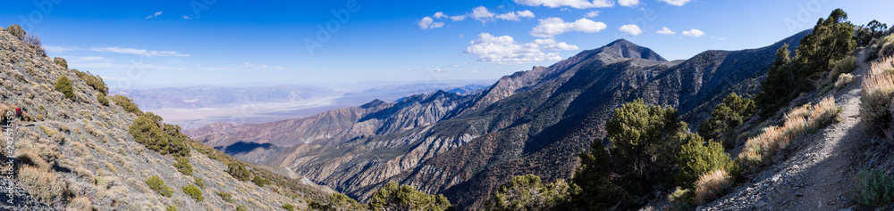 Panoramic view towards Badwater Basin and Telescope Peak from the hiking trail, Panamint mountain range, Death Valley National Park, California