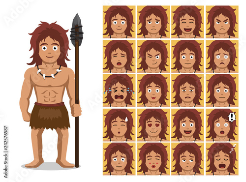 Caveman Family Hunter Muscular Man Cartoon Character Emotions