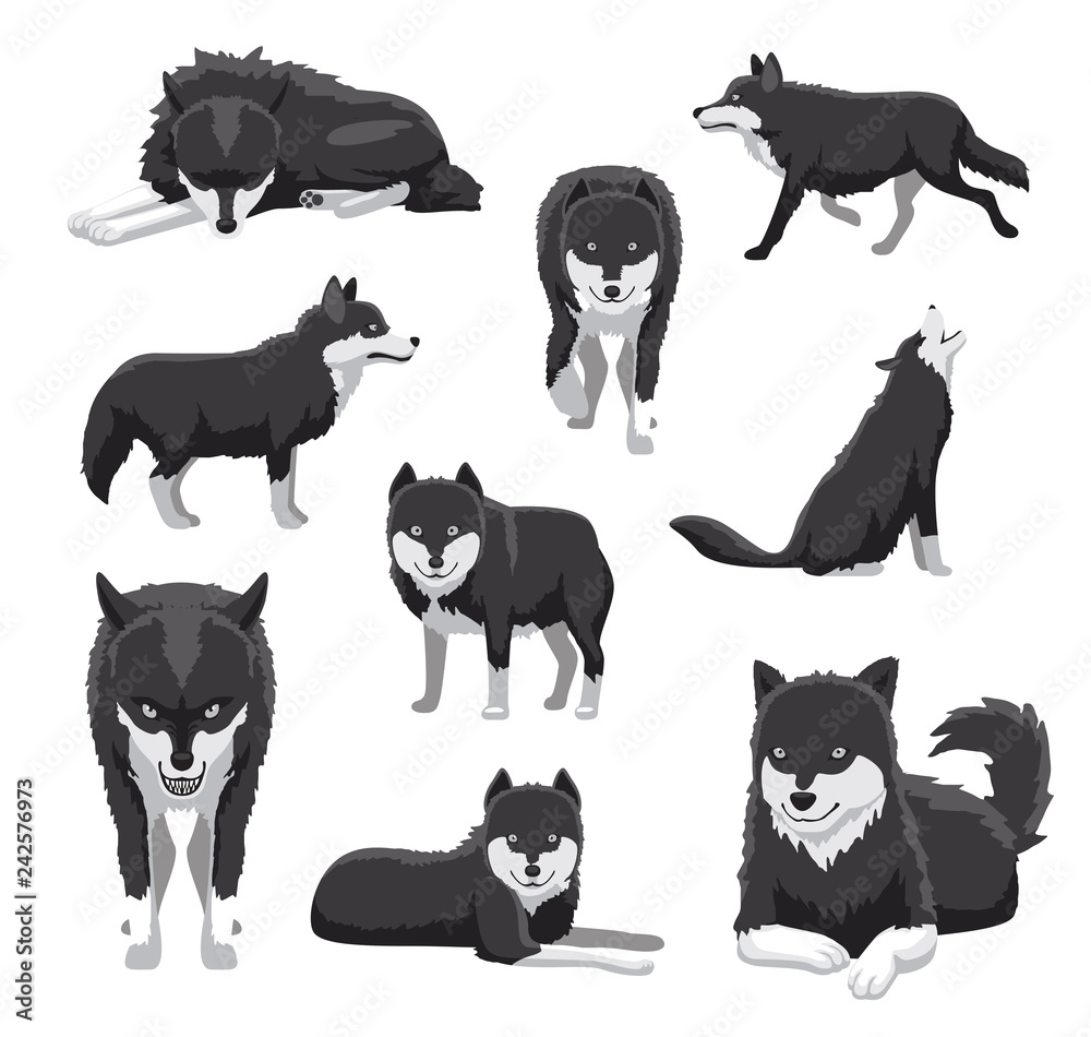 Black and White Wolf Cartoon Vector Illustration