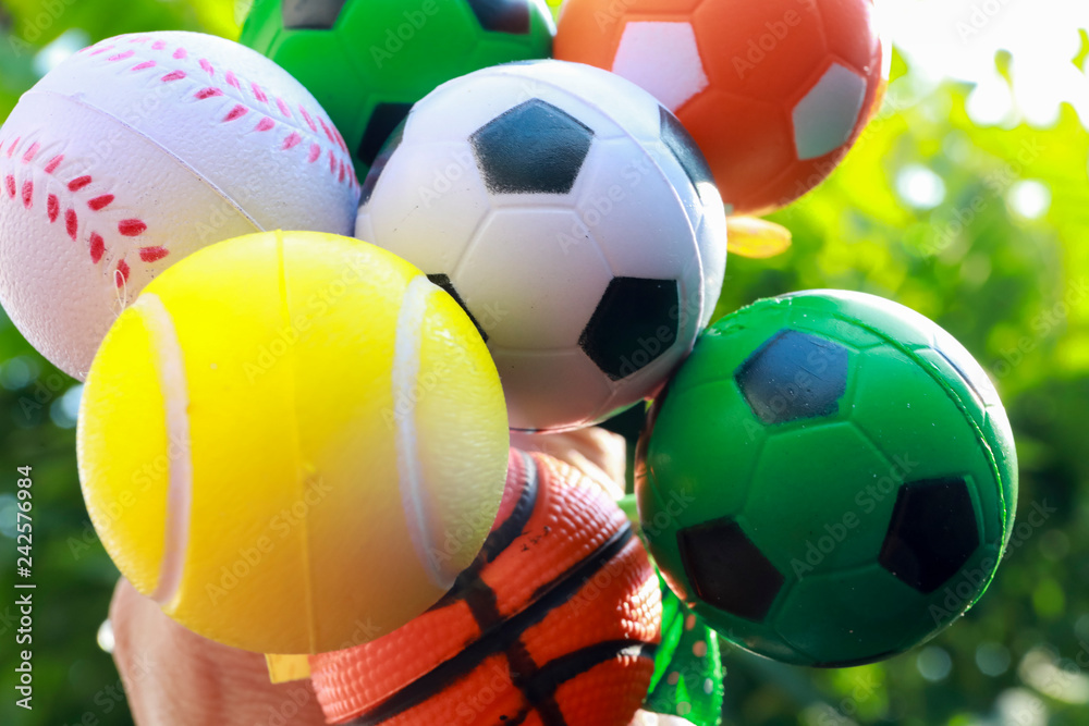 balls of sports on natural green background