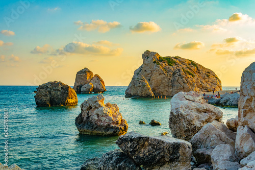 Canvas Print Sunset view over Petra tou Romiou alas Aphordite's rock on Cyprus