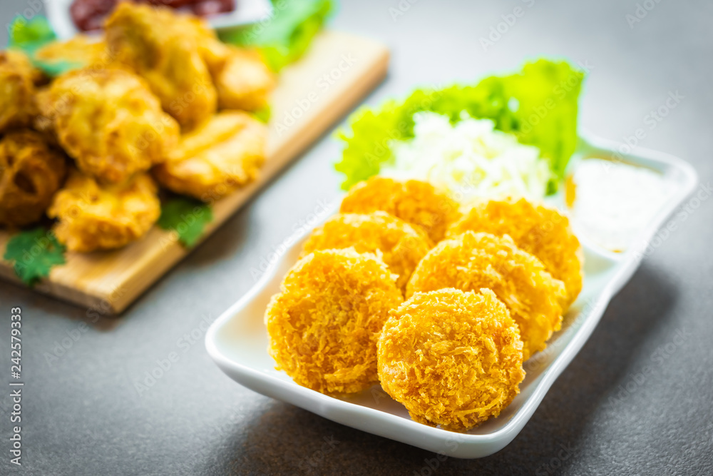 Deep fried shrimp cake or ball with vegetable Deep fried shrimp cake or ball with vegetable