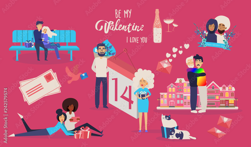  Valentines Day set, flat style. Love, romance and dating symbols collection, design element, object isolated. Heart, love letter, hearts, gift. Vector illustration, clip art, 14 february