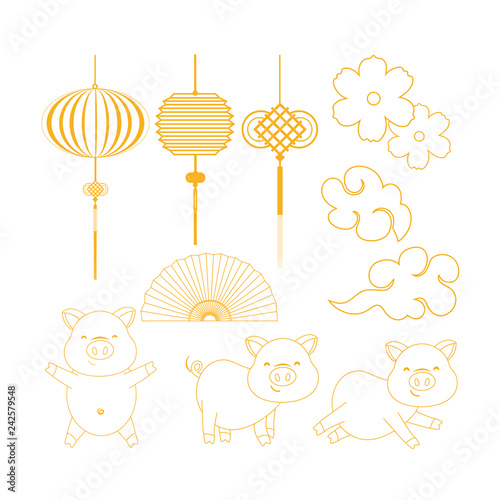 set chinese lamps with traditional fan and pigs