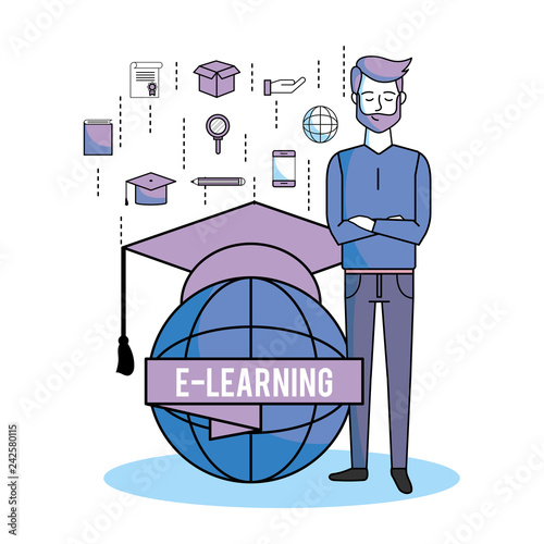 man with global elearning and graduation cap