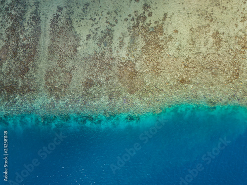 Aerial image from a drone of blue lagoon at Bora Bora island  Tahiti  French Polynesia  South Pacific Ocean  Bora Bora Aerial .