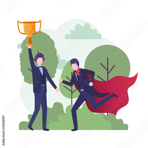 businessmen with hero coat and trophy