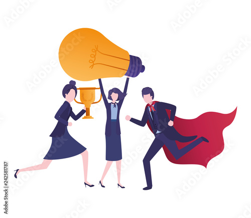 group of business with trophy and light bulb