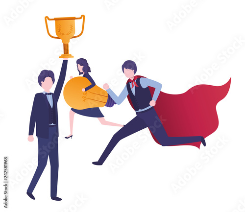 group of business with trophy and light bulb