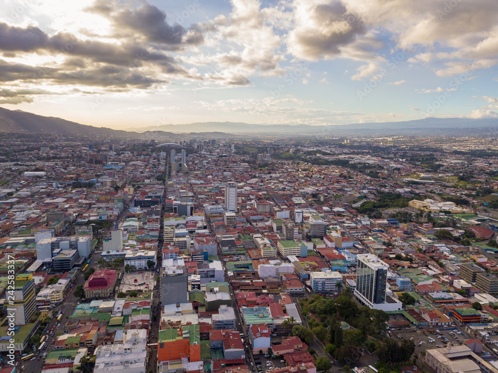 Beautiful aerial view of a sunset in the city of San Jose Costa Rica 