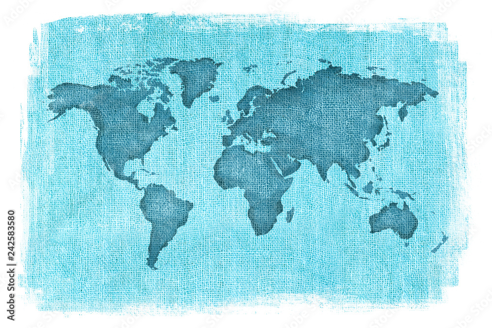 World map layered over a textured burlap background with antique finish and white edges.