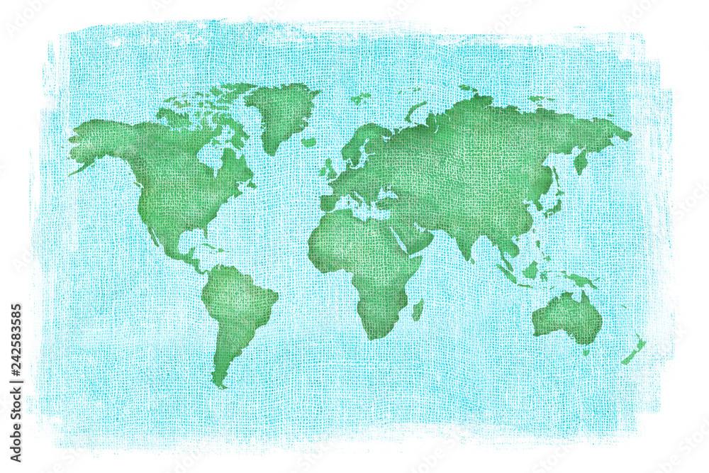World map layered over a textured burlap background with antique finish and white edges.