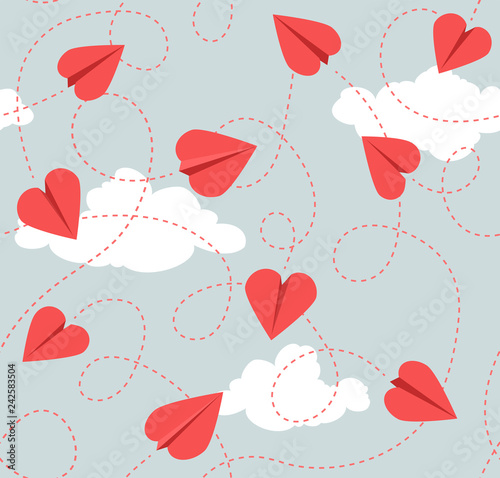 Seamless Valentines Day pattern of heart shaped paper airplanes. Flying red hearts on grey background.  Vector Illustration