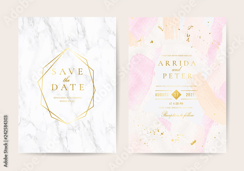Luxurious Wedding invitation cards with marble and Golden texture background Vector.