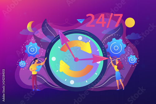 Businessman and woman near huge clock with round arrows working 24 7. 24 7 service  business time schedule  extended working hours concept. Bright vibrant violet vector isolated illustration