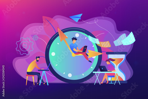 Busy business people with laptops hurry up to complete tasks at huge clock and hourglass. Deadline, project time limit, task due dates concept. Bright vibrant violet vector isolated illustration
