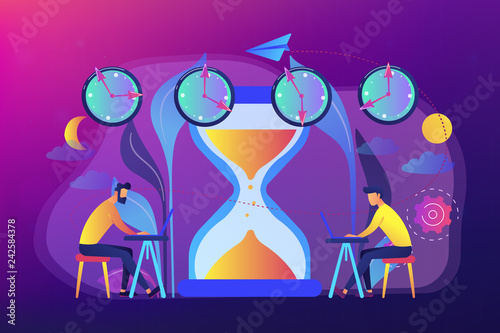 Busy businessmen with laptops near hourglass working in different time zones. Time zones, international time, world business time concept. Bright vibrant violet vector isolated illustration