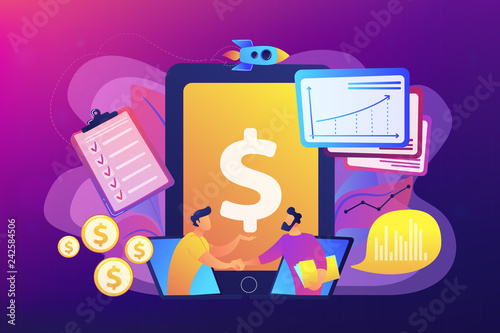 Demand analysts shaking hands from laptops screens and planning future demand. Demand planning, demand analytics, digital sales forecast concept. Bright vibrant violet vector isolated illustration