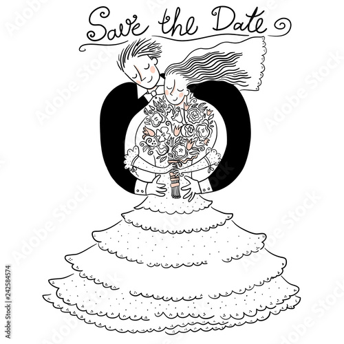 Save The Date Wedding invitation card with bride and groom couple in love and bridal bouquet. Isolated Vector Cartoon Doodle
