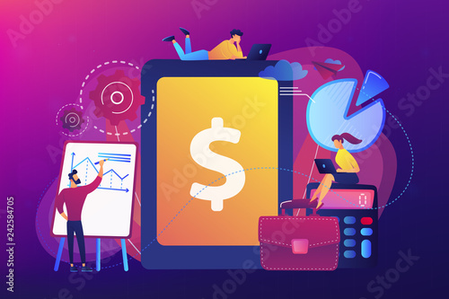 Accountants work with financial transactions software and tablet. Enterprise accounting, IT accounting system, smart enterprise tools concept. Bright vibrant violet vector isolated illustration