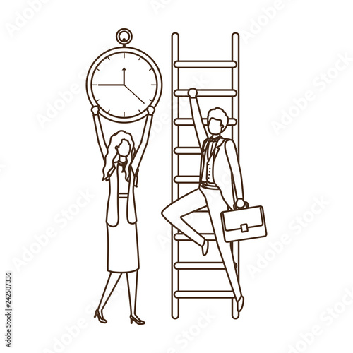 business couple with stair and clock avatar character