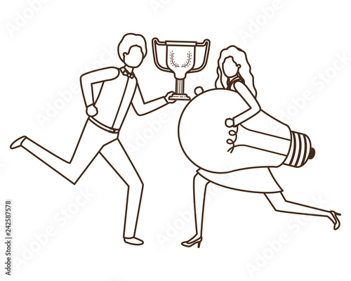 business couple with trophy and light bulb