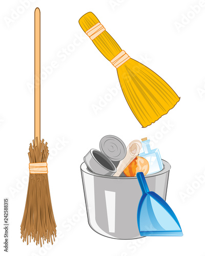 Pail with rubbish and broom with besom