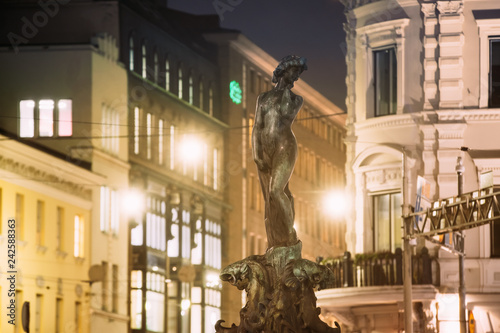 Helsinki, Finland. Night View Of Fountain Havis Amanda Is Nude F