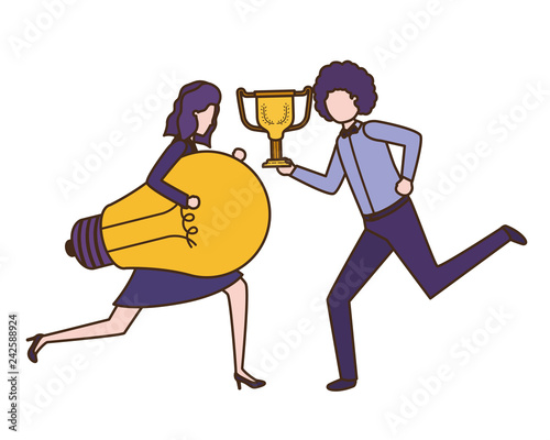 business couple with trophy and light bulb
