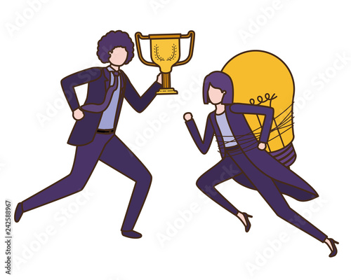 business couple with trophy and light bulb