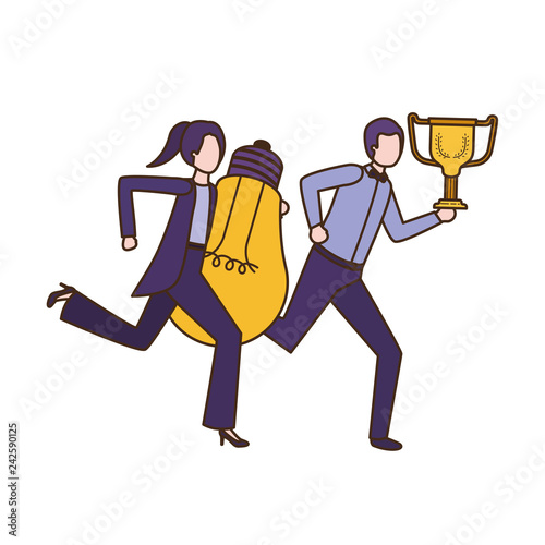 business couple with trophy and light bulb