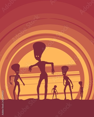 Extraterrestrial alien silhouttes. Monsters attack at sunset