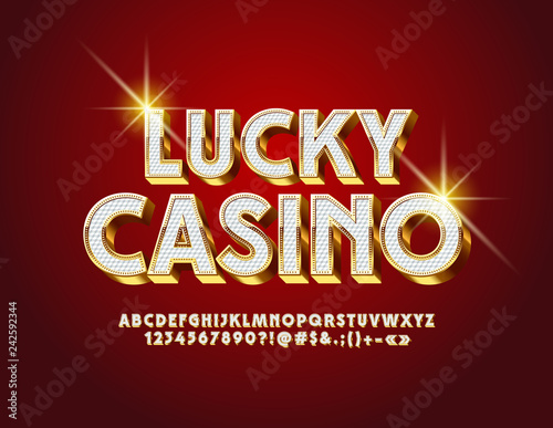 Vector luxury Logo Lucky Casino. Royal Alphabet Letters, Numbers and Symbols. Stylish White and Golden 3D Font.