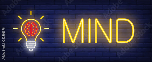 Mind neon text with light bulb and brain. Idea concept design. Night bright neon sign, colorful billboard, light banner. Vector illustration in neon style.