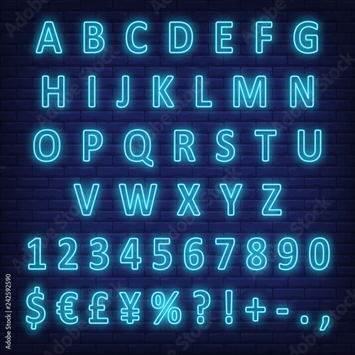 Blue neon English alphabet, digits and signs on brick wall. Characters set. Night bright neon sign, colorful billboard, light banner. Vector illustration in neon style.