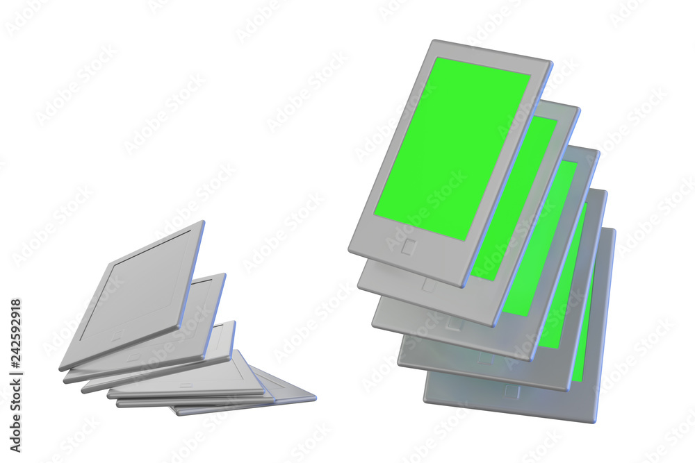 Group of modern electronic pocket books, isolated on white with greenscreen image and copyspace mockup 3d illustration Group of modern electronic pocket books, isolated on white with greenscreen image and copyspace mockup 3d illustration