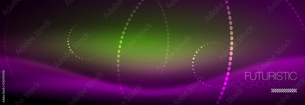 Glowing neon circle line dots, round line design, abstract style on black background. Neon abstract round circles Magic neon lights and glowing dots Glowing neon circle line dots, round line design, abstract style on black background. Neon abstract round circles Magic neon lights and glowing dots