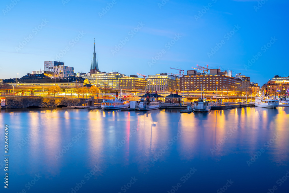 Stockholm port city skyline at night in Sweden