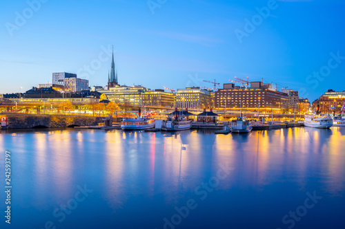 Stockholm port city skyline at night in Sweden