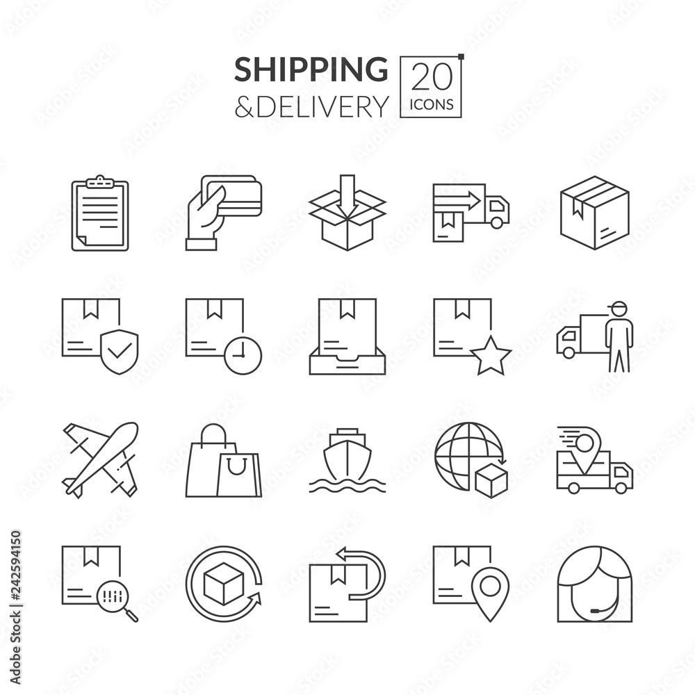 Shipping and delivery icons. Simple set of shipping related vector line icons. Delivery flat icon set