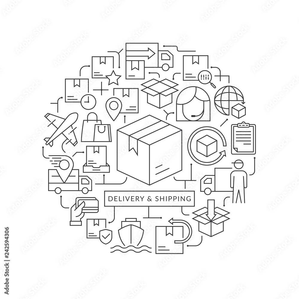 Delivery concept in thin flat illustration. Shipping line icons in round shape isolated vector illustration. Round design element with delivery icons - Vector