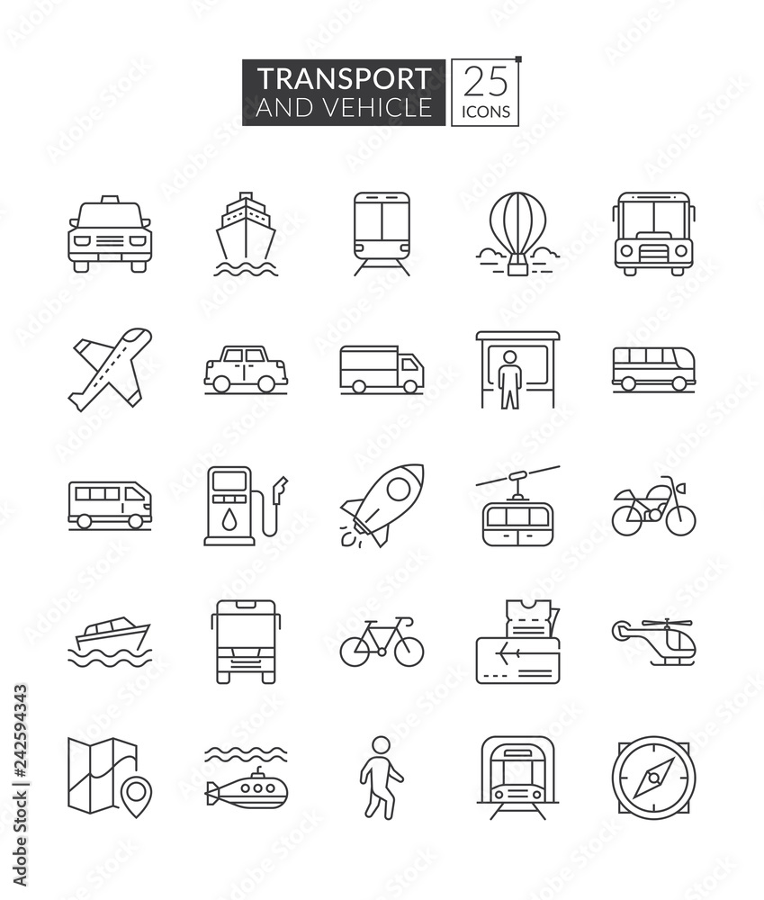 Transportation and vehicle icons. Simple set of transport related vector line icons. Transport outline icons Transportation and vehicle icons. Simple set of transport related vector line icons. Transport outline icons